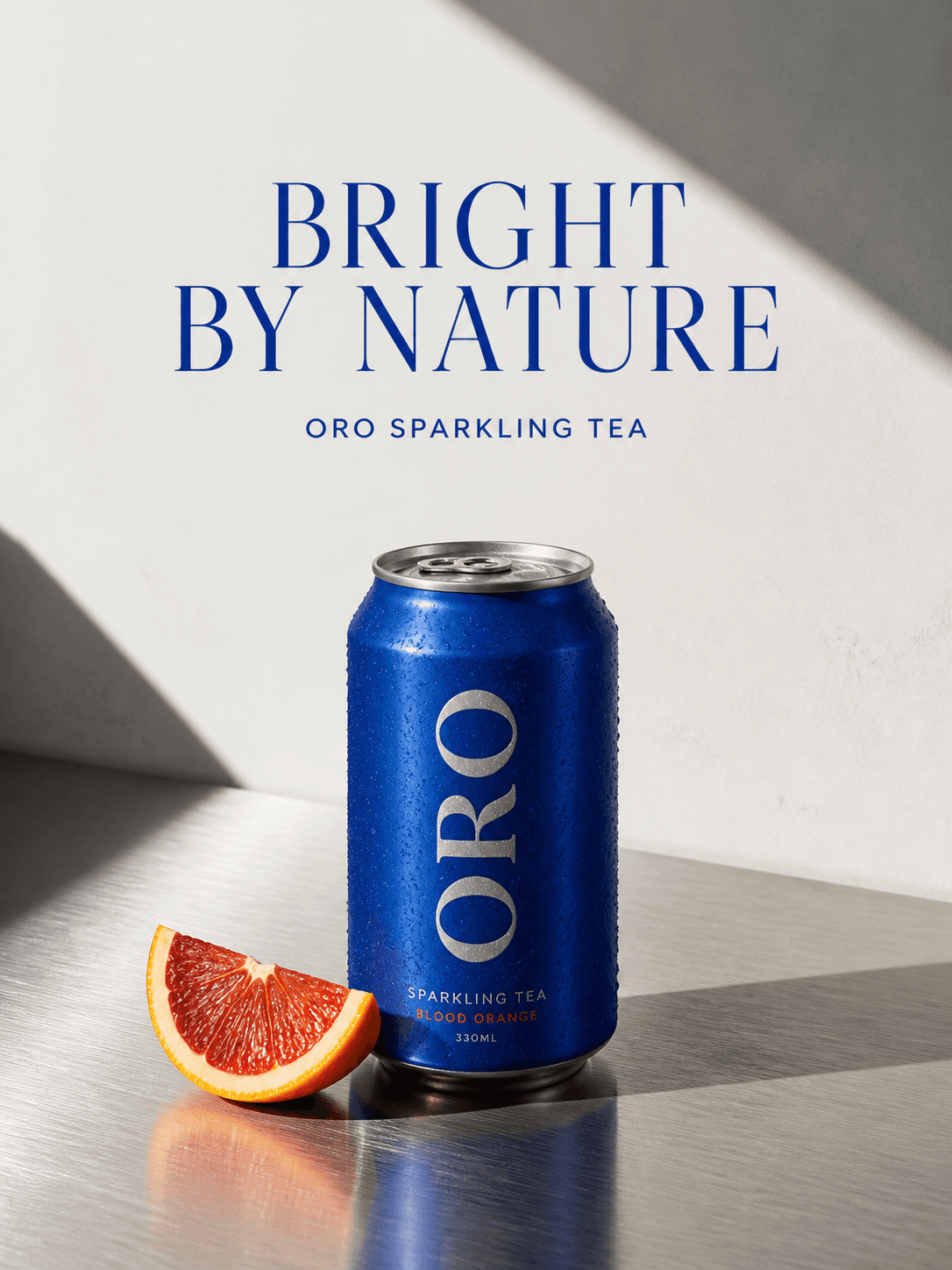 ORO sparkling tea product launch campaign with a cobalt can and blood orange